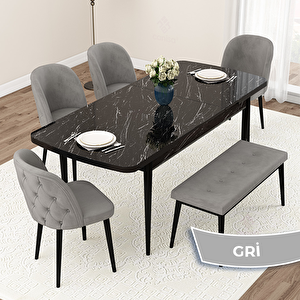 Jae Serisi 80x132 Açılabilir Siyah Mermer Desen Mutfak Masası Takımı Ve 4 Gri Sandalye Ve 1 Bench Gri