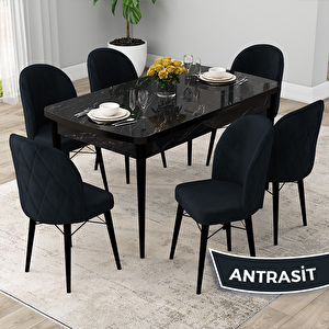 Rut Serisi 80x132 Açılabilir Siyah Mermer Desen Mutfak Masası Takımı Ve 6 Antrasit Sandalye Antrasit