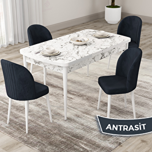 Roe Serisi 80x132 Açılabilir Beyaz Mermer Desen Mutfak Masası Takımı Ve 4 Antrasit Sandalye Antrasit