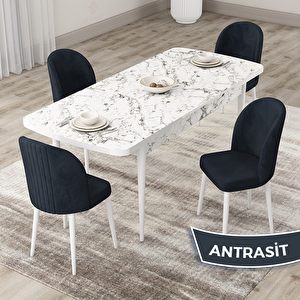 Roe Serisi 80x132 Açılabilir Beyaz Mermer Desen Mutfak Masası Takımı Ve 4 Antrasit Sandalye Antrasit