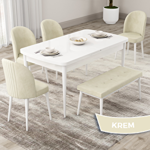 Roe Serisi 80x132 Açılabilir Beyaz Mutfak Masası Takımı Ve 4 Krem Sandalye Ve 1 Bench Krem
