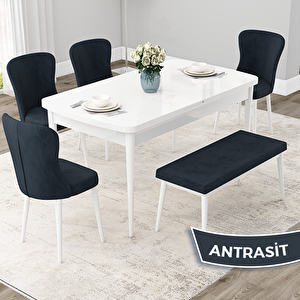 Due Serisi 80x132 Açılabilir Beyaz Mutfak Masası Takımı Ve 4 Antrasit Sandalye Ve 1 Bench Antrasit
