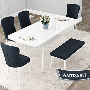 Due Serisi 80x132 Açılabilir Beyaz Mutfak Masası Takımı Ve 4 Antrasit Sandalye Ve 1 Bench Antrasit