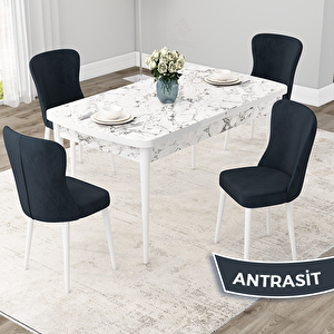 Due Serisi 80x132 Açılabilir Beyaz Mermer Desen Mutfak Masası Takımı Ve 4 Antrasit Sandalye Antrasit