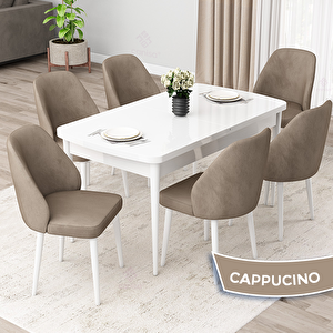 Orf Serisi 80x132 Açılabilir Beyaz Mutfak Masası Takımı Ve 6 Cappucino Sandalye Cappucino