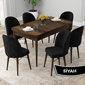 Rut Serisi 80x132 Açılabilir Barok Ahşap Desen Mutfak Masası Takımı Ve 6 Siyah Sandalye Siyah