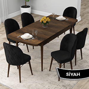 Rut Serisi 80x132 Açılabilir Barok Ahşap Desen Mutfak Masası Takımı Ve 6 Siyah Sandalye Siyah