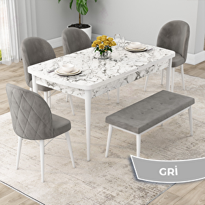 Rut Serisi 80x132 Açılabilir Beyaz Mermer Desen Mutfak Masası Takımı Ve 4 Gri Sandalye Ve 1 Bench Gri