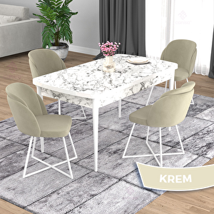 Oga Serisi 80x132 Açılabilir Beyaz Mermer Desen Mutfak Masası Takımı Ve 4 Krem Sandalye Krem