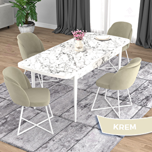 Oga Serisi 80x132 Açılabilir Beyaz Mermer Desen Mutfak Masası Takımı Ve 4 Krem Sandalye Krem