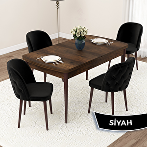 Jae Serisi 80x132 Açılabilir Barok Ahşap Desen Mutfak Masası Takımı Ve 4 Siyah Sandalye Siyah