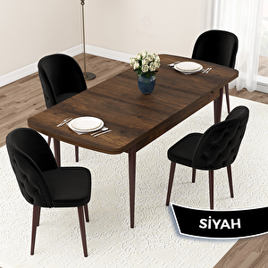 Jae Serisi 80x132 Açılabilir Barok Ahşap Desen Mutfak Masası Takımı Ve 4 Siyah Sandalye Siyah