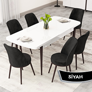 Rax Serisi 80x132 Açılabilir Beyaz Masa Ceviz Ayak Mutfak Masası Takımı Ve 6 Siyah Sandalye Siyah
