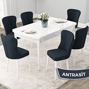 Due Serisi 80x132 Açılabilir Beyaz Mutfak Masası Takımı Ve 6 Antrasit Sandalye Antrasit