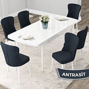Due Serisi 80x132 Açılabilir Beyaz Mutfak Masası Takımı Ve 6 Antrasit Sandalye Antrasit