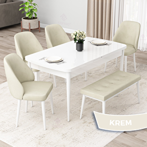 Orf Serisi 80x132 Açılabilir Beyaz Mutfak Masası Takımı Ve 4 Krem Sandalye Ve 1 Bench Krem