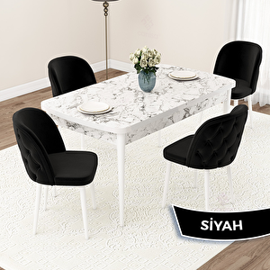 Jae Serisi 80x132 Açılabilir Beyaz Mermer Desen Mutfak Masası Takımı Ve 4 Siyah Sandalye Siyah