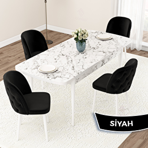 Jae Serisi 80x132 Açılabilir Beyaz Mermer Desen Mutfak Masası Takımı Ve 4 Siyah Sandalye Siyah