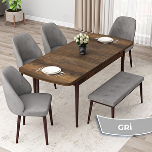 Orf Serisi 80x132 Açılabilir Barok Ahşap Desen Mutfak Masası Takımı Ve 4 Gri Sandalye Ve 1 Bench Gri