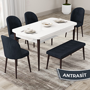 Roe Serisi 80x132 Açılabilir Beyaz Masa Ceviz Ayak Mutfak Masası Takımı Ve 4 Antrasit Sandalye Ve 1 Bench Antrasit