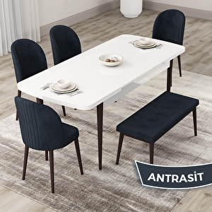 Roe Serisi 80x132 Açılabilir Beyaz Masa Ceviz Ayak Mutfak Masası Takımı Ve 4 Antrasit Sandalye Ve 1 Bench Antrasit