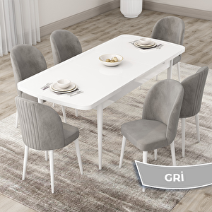 Roe Serisi 80x132 Açılabilir Beyaz Mutfak Masası Takımı Ve 6 Gri Sandalye Gri