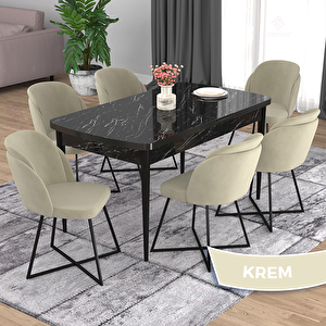 Oga Serisi 80x132 Açılabilir Siyah Mermer Desen Mutfak Masası Takımı Ve 6 Krem Sandalye Krem