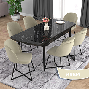 Oga Serisi 80x132 Açılabilir Siyah Mermer Desen Mutfak Masası Takımı Ve 6 Krem Sandalye Krem