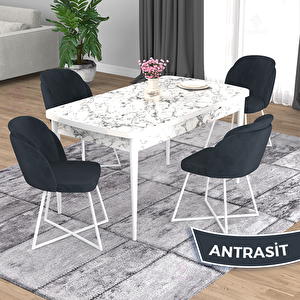 Oga Serisi 80x132 Açılabilir Beyaz Mermer Desen Mutfak Masası Takımı Ve 4 Antrasit Sandalye Antrasit