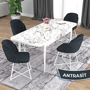 Oga Serisi 80x132 Açılabilir Beyaz Mermer Desen Mutfak Masası Takımı Ve 4 Antrasit Sandalye Antrasit