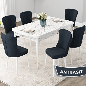 Due Serisi 80x132 Açılabilir Beyaz Mermer Desen Mutfak Masası Takımı Ve 6 Antrasit Sandalye Antrasit