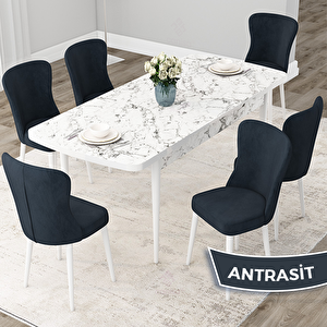 Due Serisi 80x132 Açılabilir Beyaz Mermer Desen Mutfak Masası Takımı Ve 6 Antrasit Sandalye Antrasit