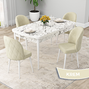 Rut Serisi 80x132 Açılabilir Beyaz Mermer Desen Mutfak Masası Takımı Ve 4 Krem Sandalye Krem