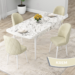 Rut Serisi 80x132 Açılabilir Beyaz Mermer Desen Mutfak Masası Takımı Ve 4 Krem Sandalye Krem