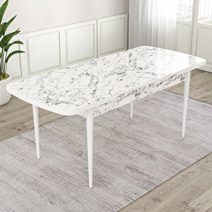 Rut Serisi 80x132 Açılabilir Beyaz Mermer Desen Mutfak Masası Takımı Ve 4 Krem Sandalye