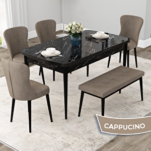 Due Serisi 80x132 Açılabilir Siyah Mermer Desen Mutfak Masası Takımı Ve 4 Cappucino Sandalye Ve 1 Bench Cappucino