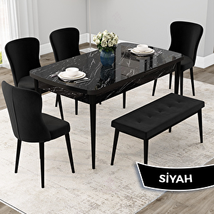 Due Serisi 80x132 Açılabilir Siyah Mermer Desen Mutfak Masası Takımı Ve 4 Siyah Sandalye Ve 1 Bench Siyah