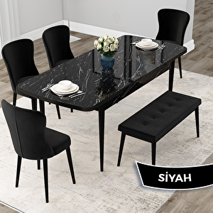 Due Serisi 80x132 Açılabilir Siyah Mermer Desen Mutfak Masası Takımı Ve 4 Siyah Sandalye Ve 1 Bench Siyah