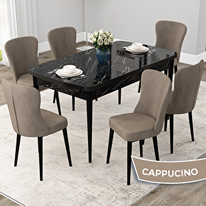 Due Serisi 80x132 Açılabilir Siyah Mermer Desen Mutfak Masası Takımı Ve 6 Cappucino Sandalye Cappucino
