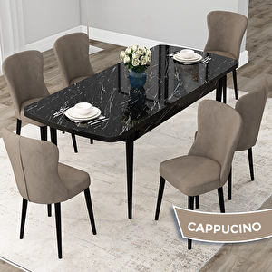 Due Serisi 80x132 Açılabilir Siyah Mermer Desen Mutfak Masası Takımı Ve 6 Cappucino Sandalye Cappucino