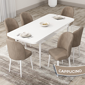 Roe Serisi 80x132 Açılabilir Beyaz Mutfak Masası Takımı Ve 6 Cappucino Sandalye Cappucino