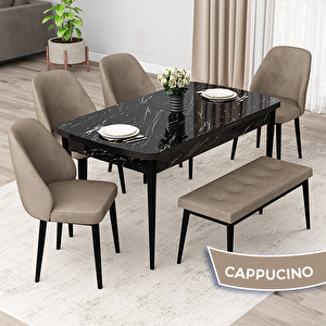 Orf Serisi 80x132 Açılabilir Siyah Mermer Desen Mutfak Masası Takımı Ve 4 Cappucino Sandalye Ve 1 Bench Cappucino