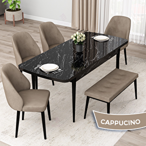 Orf Serisi 80x132 Açılabilir Siyah Mermer Desen Mutfak Masası Takımı Ve 4 Cappucino Sandalye Ve 1 Bench Cappucino