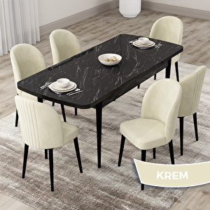 Roe Serisi 80x132 Açılabilir Siyah Mermer Desen Mutfak Masası Takımı Ve 6 Krem Sandalye Krem