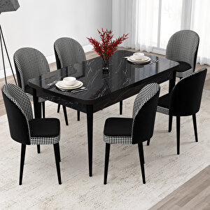 Jul Serisi 80x132 Açılabilir Siyah Mermer Desen Mutfak Masası Takımı Ve 6 Kazayağı Desen Sandalye