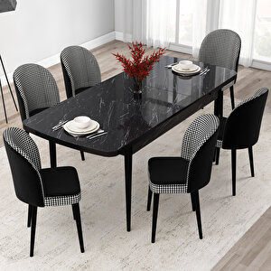 Jul Serisi 80x132 Açılabilir Siyah Mermer Desen Mutfak Masası Takımı Ve 6 Kazayağı Desen Sandalye