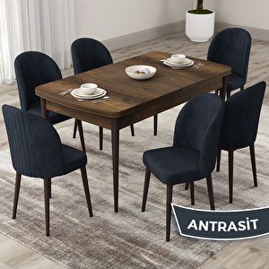 Roe Serisi 80x132 Açılabilir Barok Ahşap Desen Mutfak Masası Takımı Ve 6 Antrasit Sandalye Antrasit