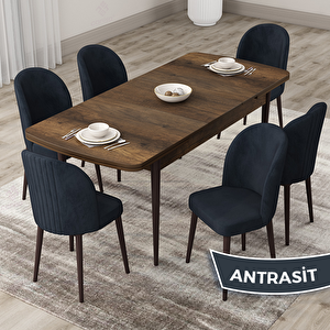 Roe Serisi 80x132 Açılabilir Barok Ahşap Desen Mutfak Masası Takımı Ve 6 Antrasit Sandalye Antrasit