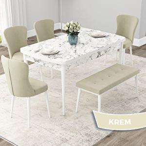 Due Serisi 80x132 Açılabilir Beyaz Mermer Desen Mutfak Masası Takımı Ve 4 Krem Sandalye Ve 1 Bench Krem