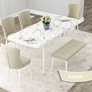 Due Serisi 80x132 Açılabilir Beyaz Mermer Desen Mutfak Masası Takımı Ve 4 Krem Sandalye Ve 1 Bench Krem